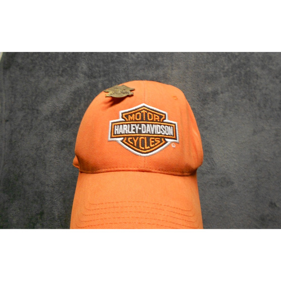 HARLEY DAVIDSON Hat Cap Mens Womens Biker Medium Orange Used Stains WITH PIN - Picture 1 of 9